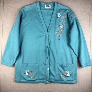 Vintage Canada North Cardigan Women‎ L  Sportswear Teal Bird Floral Embroidery